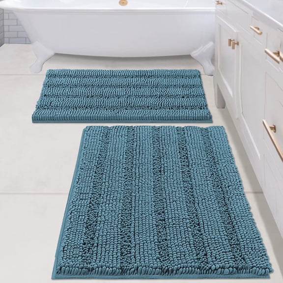 2 Piece Bathroom Set Bathroom Rugs Bath Mats Sets Super Absorbent Chenille Striped Bath Mats Non Skid Machine Wash Dry Rugs for Bathroom Floor(Turquoise Blue, 24 x 36 Plus 20 x 32 Inches)