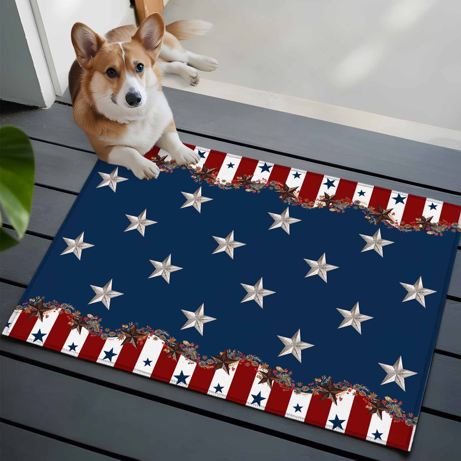 2x3 Ft Entryway Area Rug, Country Star Farm Kitchen Rug Runner Washable Floor Mat, Red Blue Patriots Stripe American Flag Non Slip Indoor Door Mat Throw Carpet for Bathroom Living Room Bedroom