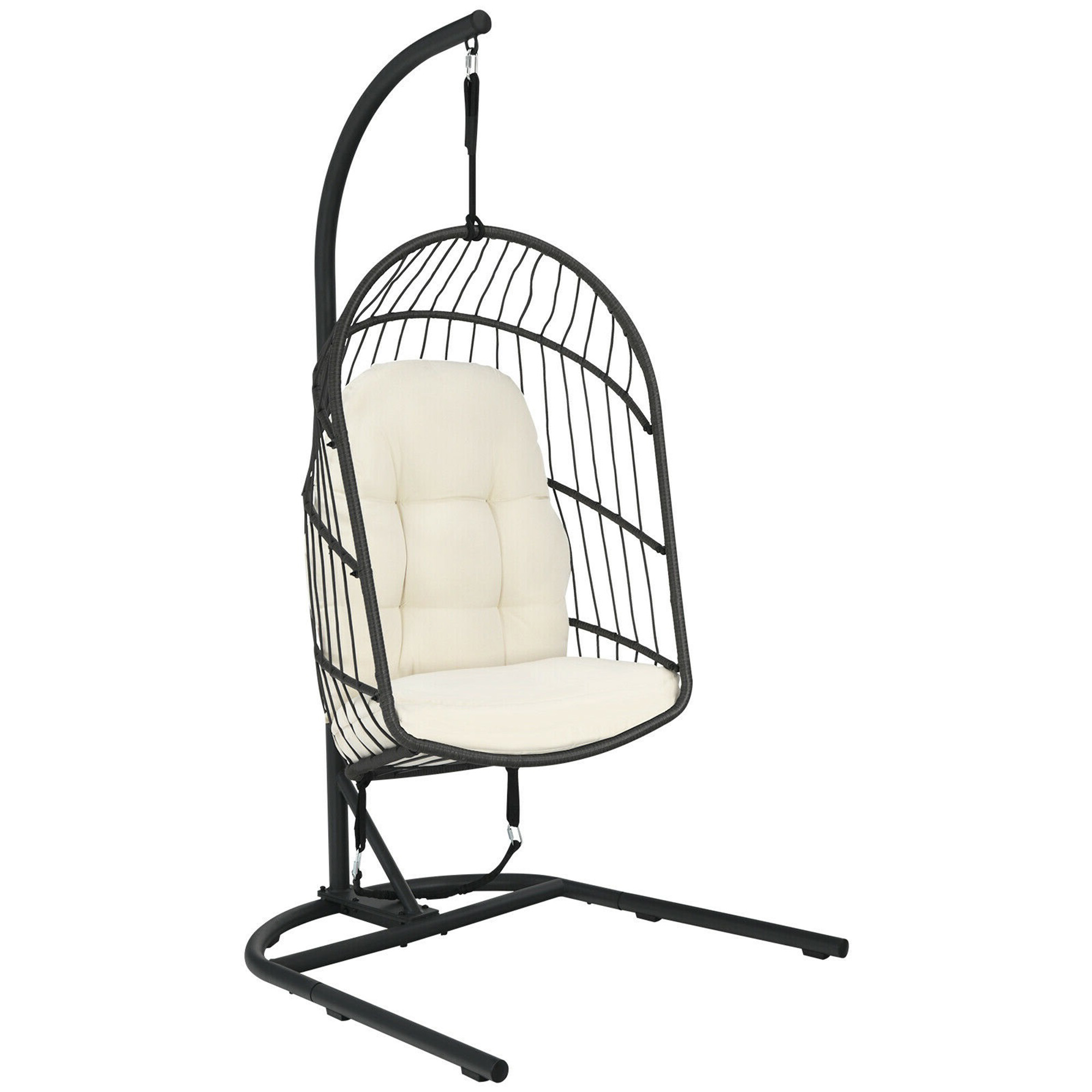 Gymax Hanging Hammock Patio Rattan Swing Egg Chair w/ Stand & Beige Cushions