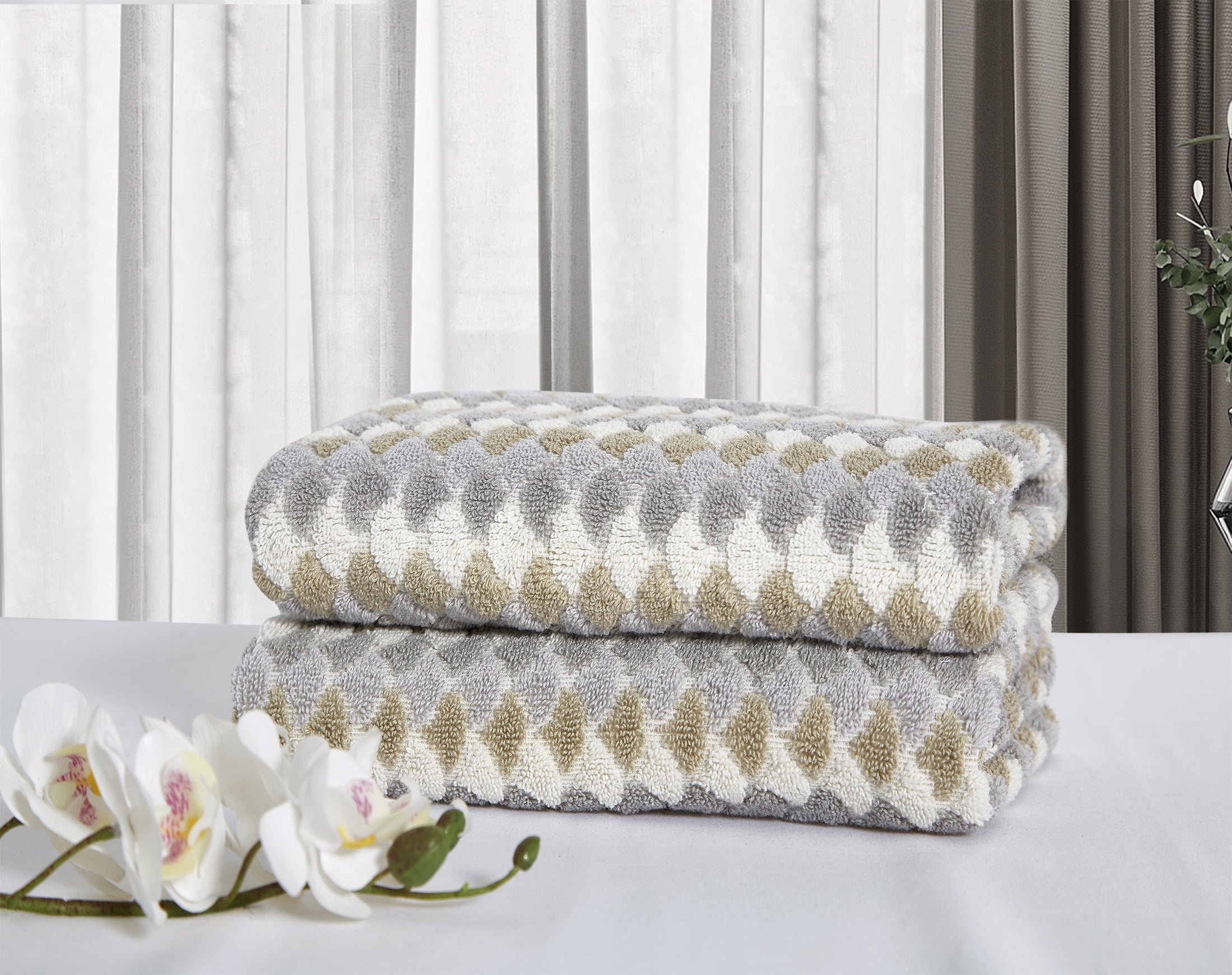 Violet Linen Hand Towels Set of 2, Mirage Pattern, 100% Terry Plush 600 GSM Cotton Super Soft Highly Absorbent Jacquard Fashion Towel, Premium Hotel & Spa Quality, 20" X 30" , Taupe, Hand Towels