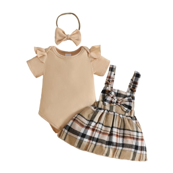 WRKEKC Baby Girl Summer Romper 3 Piece Set Flutter Sleeve Ribbed Plaid Dress Bodysuit Headband for Infants 0-18 Months