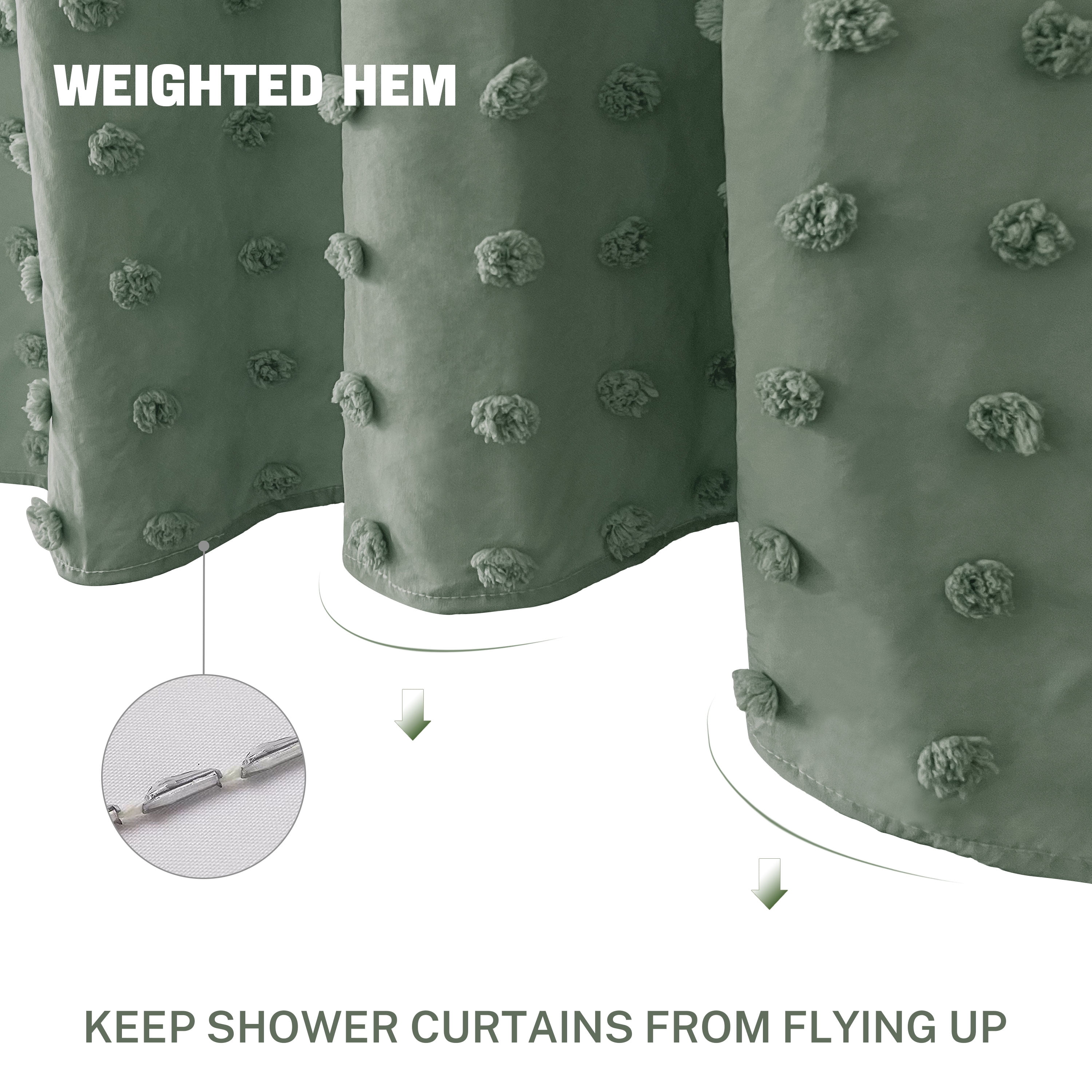 Siiluminisoy Dark Green Boho Farmhouse Shower Curtain for bathroom, 72 x 72 Tufted Pleat Floral Puffs Textured Modern Minimalist Shower Curtain Set with Hooks