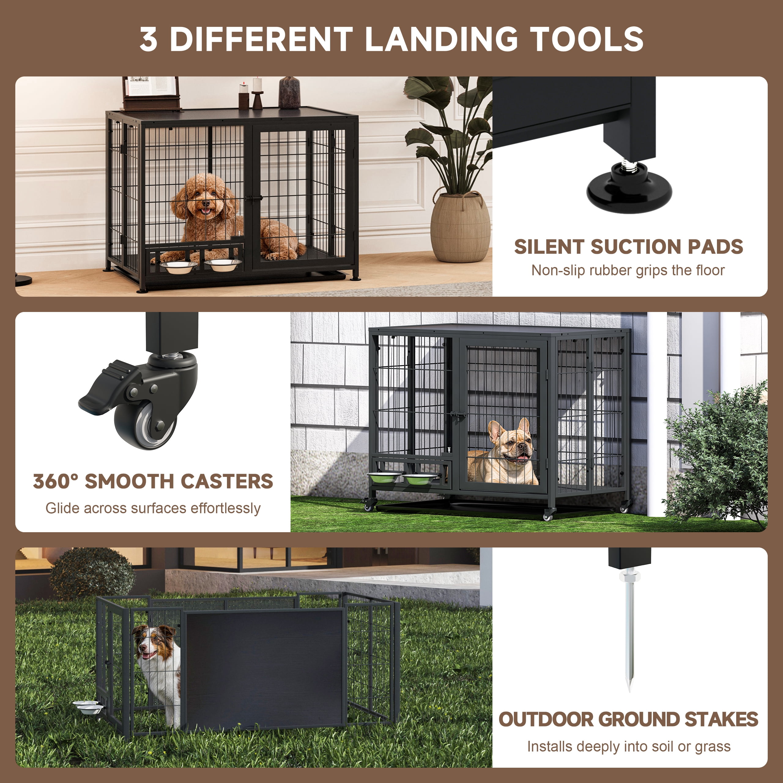 Amoveo 37.8" Heavy Duty Dog Crate for Medium Dogs, 3-in-1 Collapsible Metal Kennel & Playpen with Lockable Wheels & Feeding Bowls, Indoor Outdoor,Black