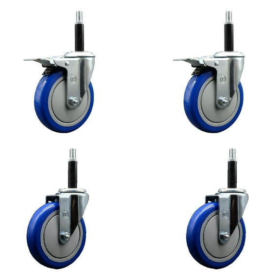 5 Inch Blue Poly Swivel 3/4 Inch Expanding Stem Caster Set 2 Total Lock Brakes
