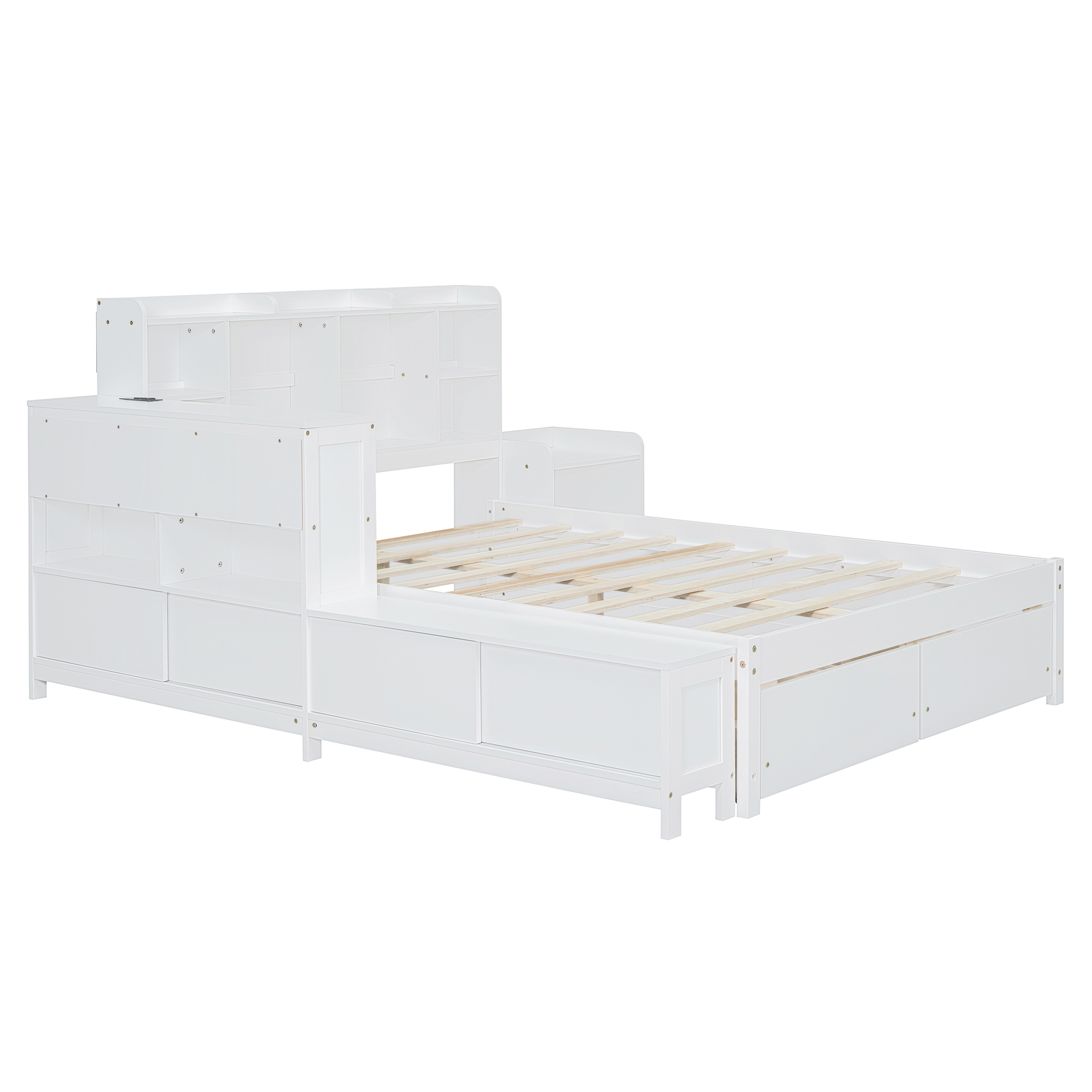 Euroco Wood Full Size Platform Bed with Nightstand and Drawers, Desk and Cabinets, USB Ports, White