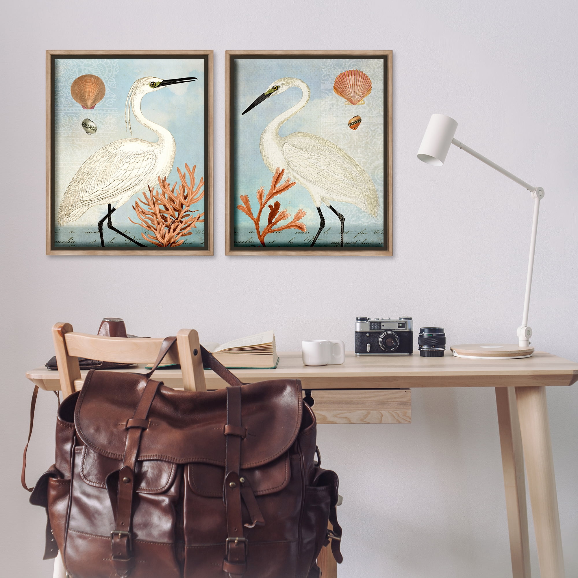 Stupell Industries Beach Items Shell Heron Egret Animals Painting Brown Floater Framed Canvas Art Print Wall Art, 31 x 25, Set of 2