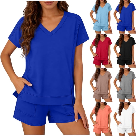 Purcolt 2 Piece Set for Women Summer Casual Short Sleeve V Neck Tops and Shorts Sweatsuit Comfortable Lounge Sets Beach Vacation Outfits
