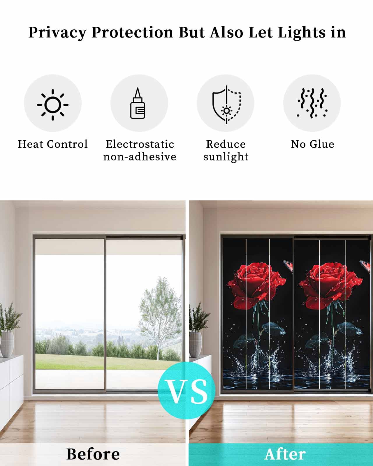 Window Privacy Film Red Roses Stained Glass Window Film Decorative Sun Block Window Cover Modern Art Splash Flowers Butterfly Window Clings Static Adhesive Sticker for Bathroom 23.6"x59"