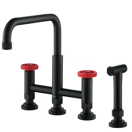 Urbix Industrial Bridge Kitchen Faucet with Side Sprayer in Matte Black/Red