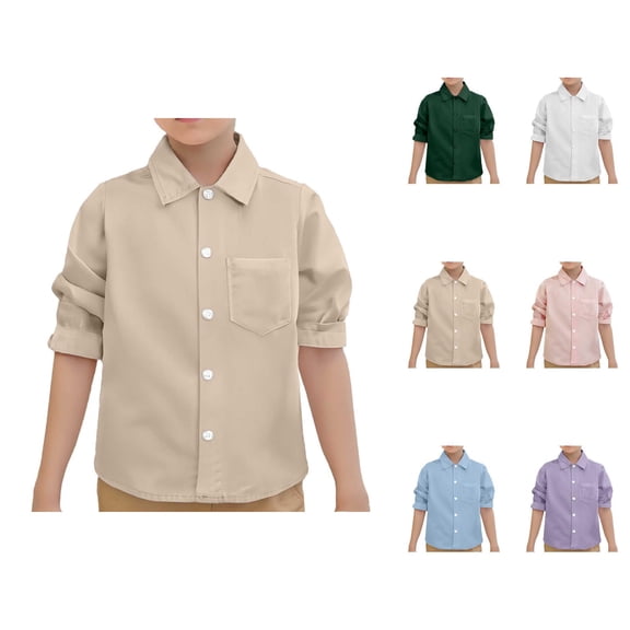 Boys Girls Dress Shirt Spring Fall Long Sleeve Button Down Lapel Collared Plain Basic Shirts with Chest Pocket