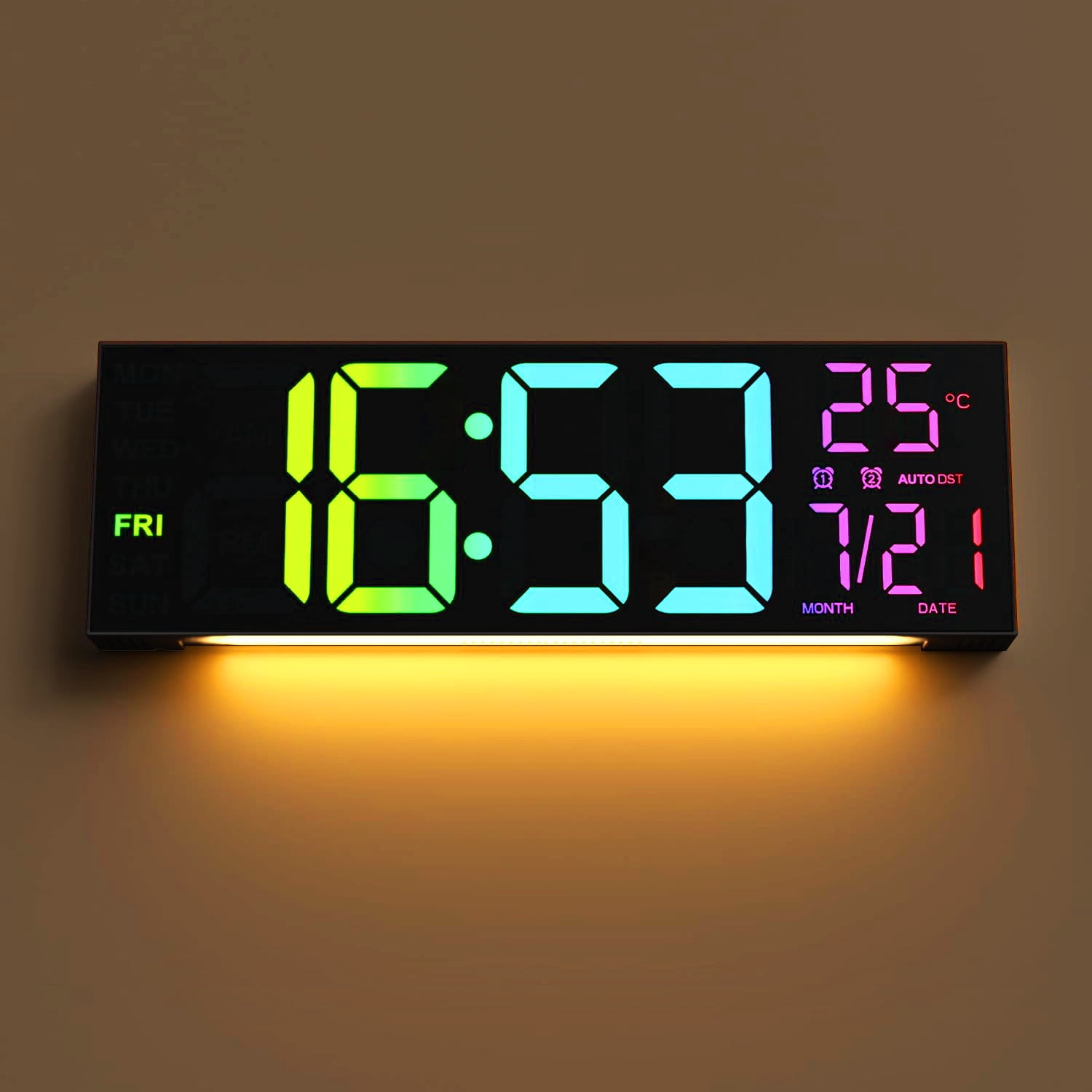Mee 2ou 16" Large Digital Clock With Temperature, Date, Auto DST, Night Light, Auto Brightness Dimmer, 24/12-hour Wall Clock for Living Room Garage Office Classroom Gym Shop Decor