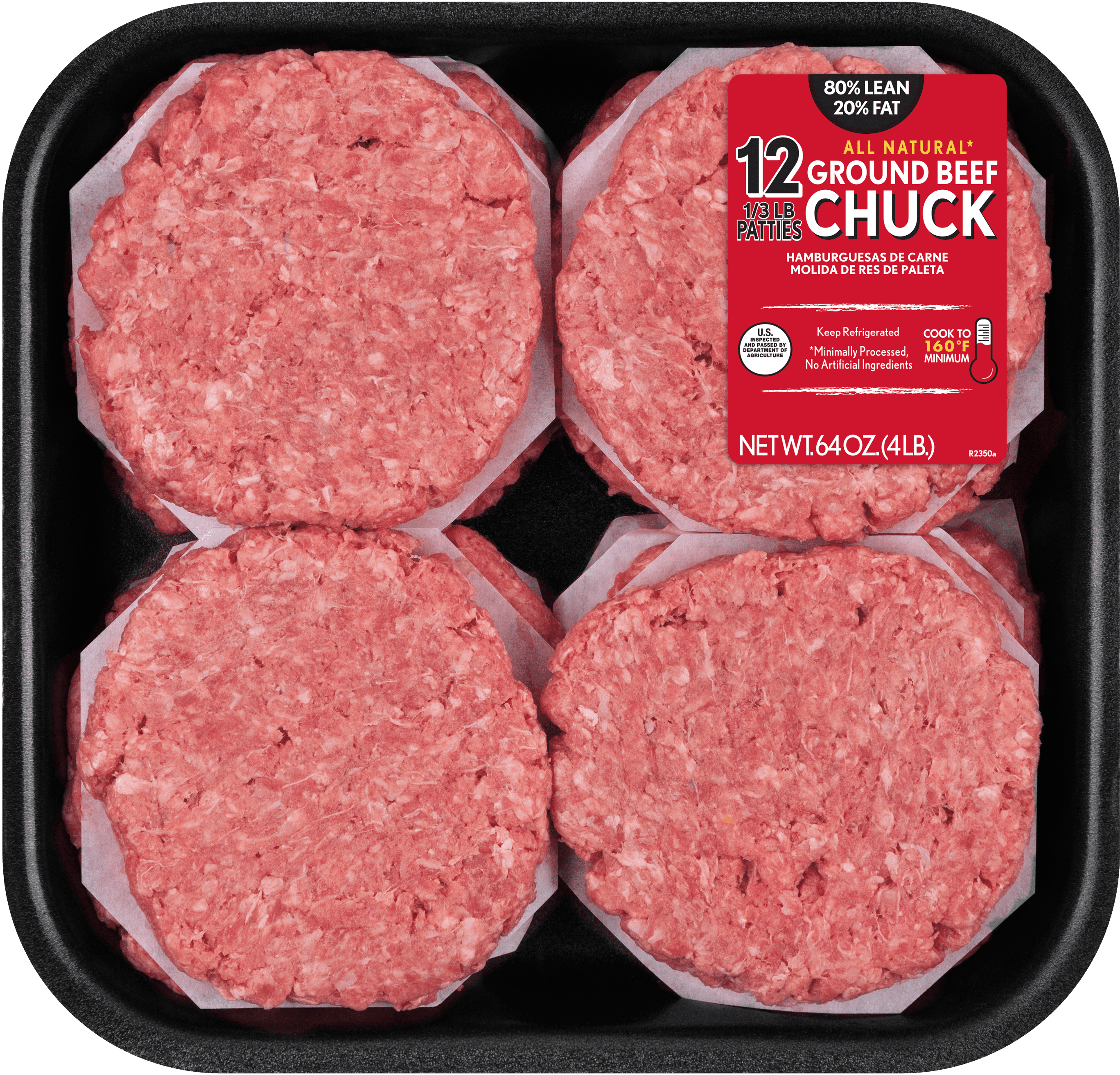 All Natural 80 Lean 20 Fat Ground Beef Patties 12 Count 4 Lb 