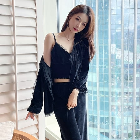 

PIKADINGNIS 3 Piece Set Autumn Winter Thicken Warm Pajamas Set Lace Gold Velvet Women SleepSet Deep Robe Sexy Homewear Women Pajama Trousers