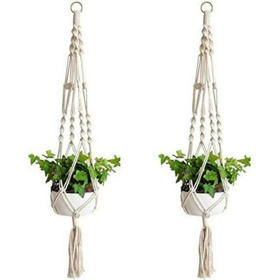 Wellsay 2-Pack Cotton & Linen Hanging Plant Net - 20x18cm Asymmetrical Macrame for Indoor/Garden Decor