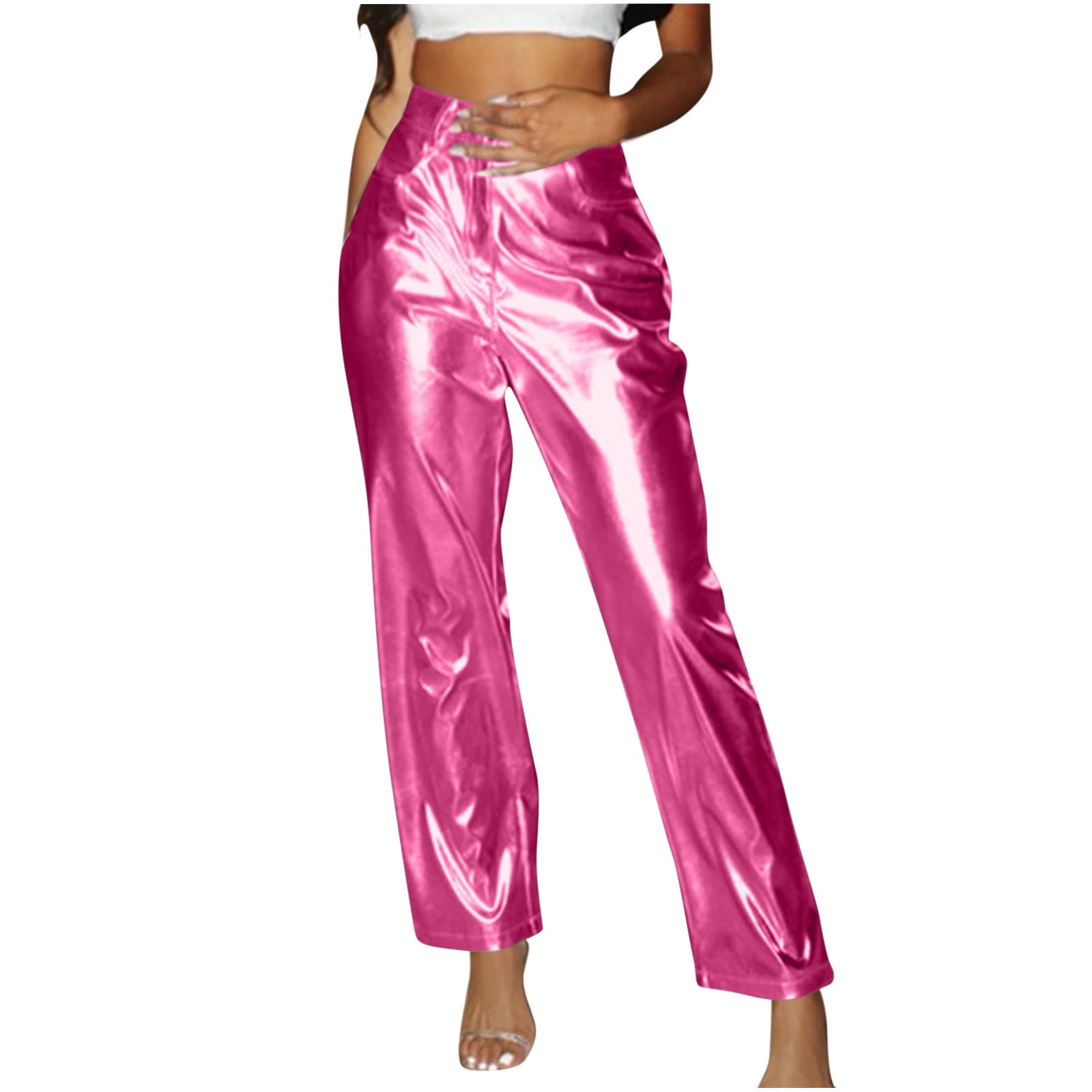 XFLWAM Women's Shiny Metallic Rave Pants Straight Leg Faux
