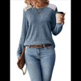 thumbnail image 2 of Camisa Informal de Cuello Redondo para Mujer, Blusa de Encaje con Retazos, Suéteres Tipo Jersey, Túnica de Larga de Color Liso. Azul S, 2 of 7