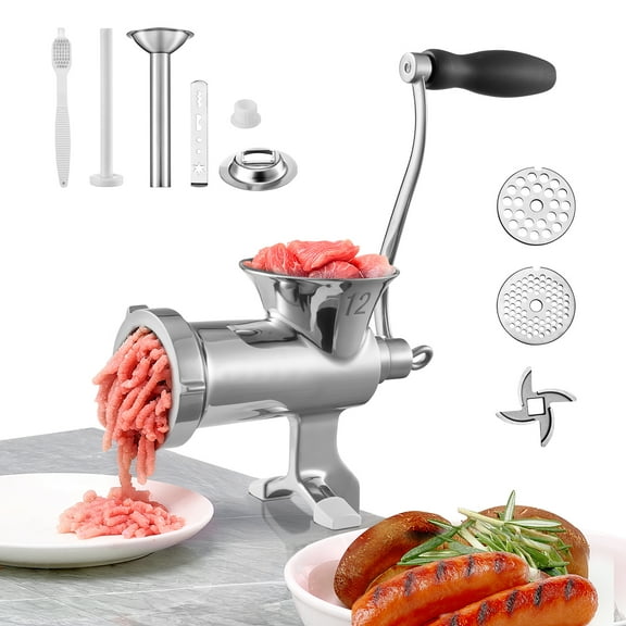 KFFKFF Manual Meat Grinder, 304 Stainless Steel Hand-Cranked Grinder with Table Clamp, Meat Mincer and Sausage Maker, Includes 2 Cutting Plates, Cookie Attachment, and Sausage Tube