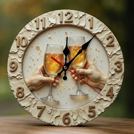 Wall Clock Decorative - Elegant Gold Toast Print 2D Vintage Wall Clocks Battery Operated Silent Non-Ticking for Bedroom, Living Room, Kitchen, Office, Classroom, 10 Inch