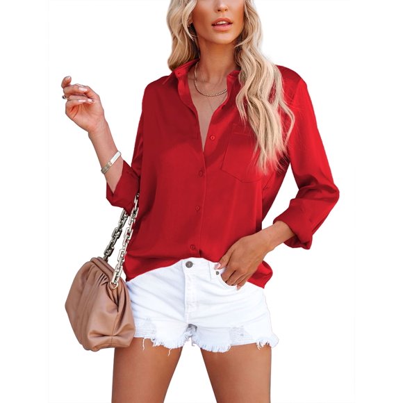 OMSJ Women's Button Down Shirts Satin V Neck Long Sleeve Casual Work Blouse Tops with Pocket (1173M, Red)