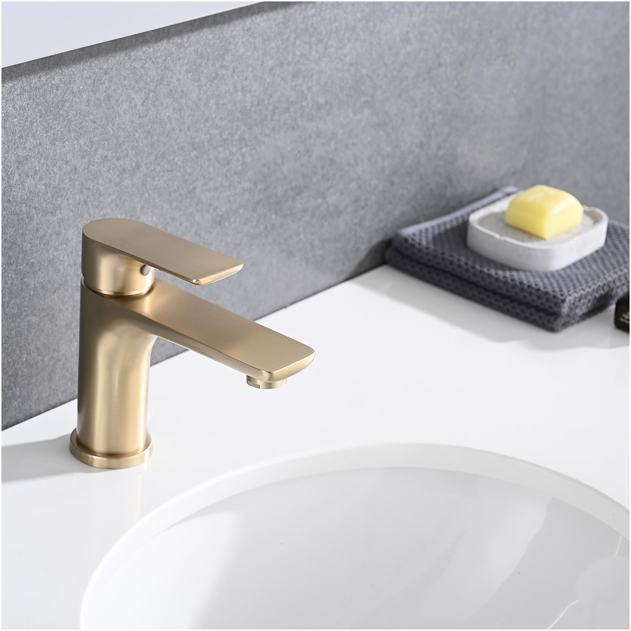 JERFIT Modern Single Hole Bathroom Faucet in Brushed Gold, Solid Brass Vessel Sink Mixer Tap with Lever Handle, Lead-Free