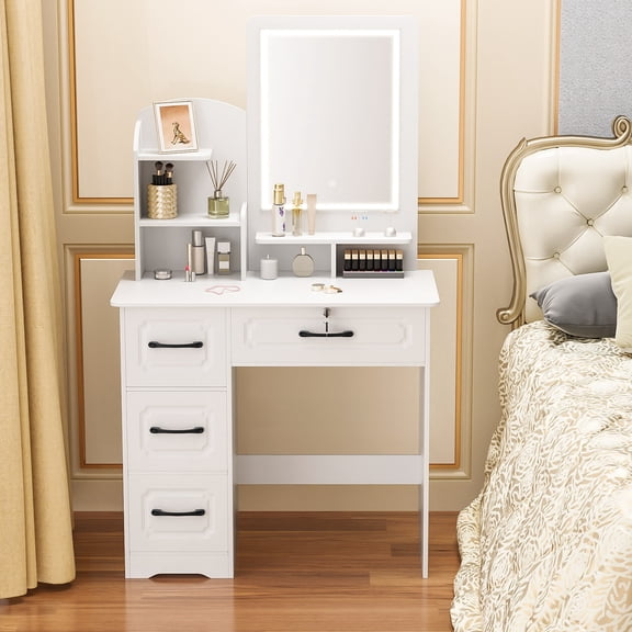solautey White Makeup Vanity Desk with Mirror and Lights, Small Vanity Table Set with Storage Drawers and Shelves, Wide Lighted Dressing Table