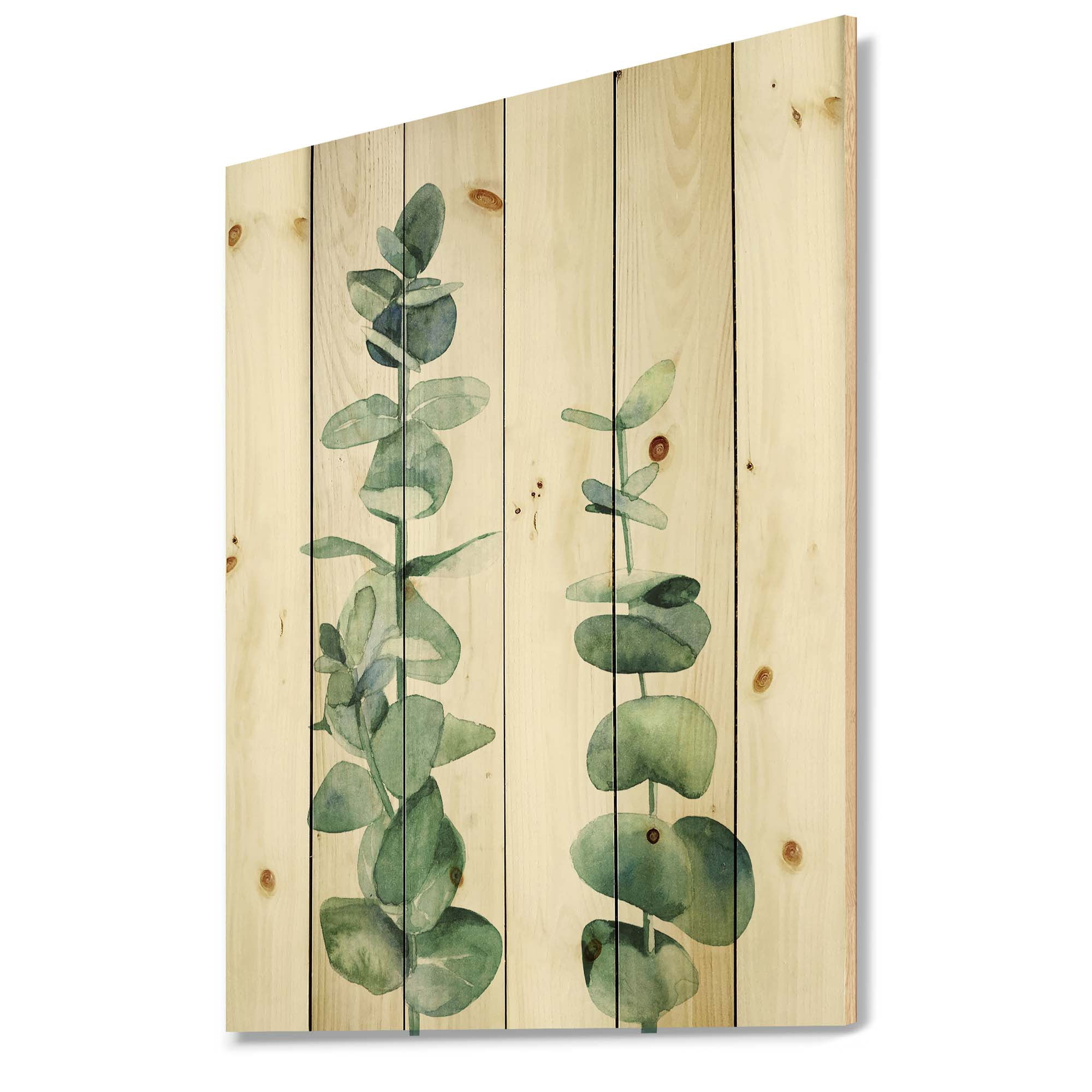 Designart 'Green Eucalyptus Branch' Tropical Print on Natural Pine Wood
