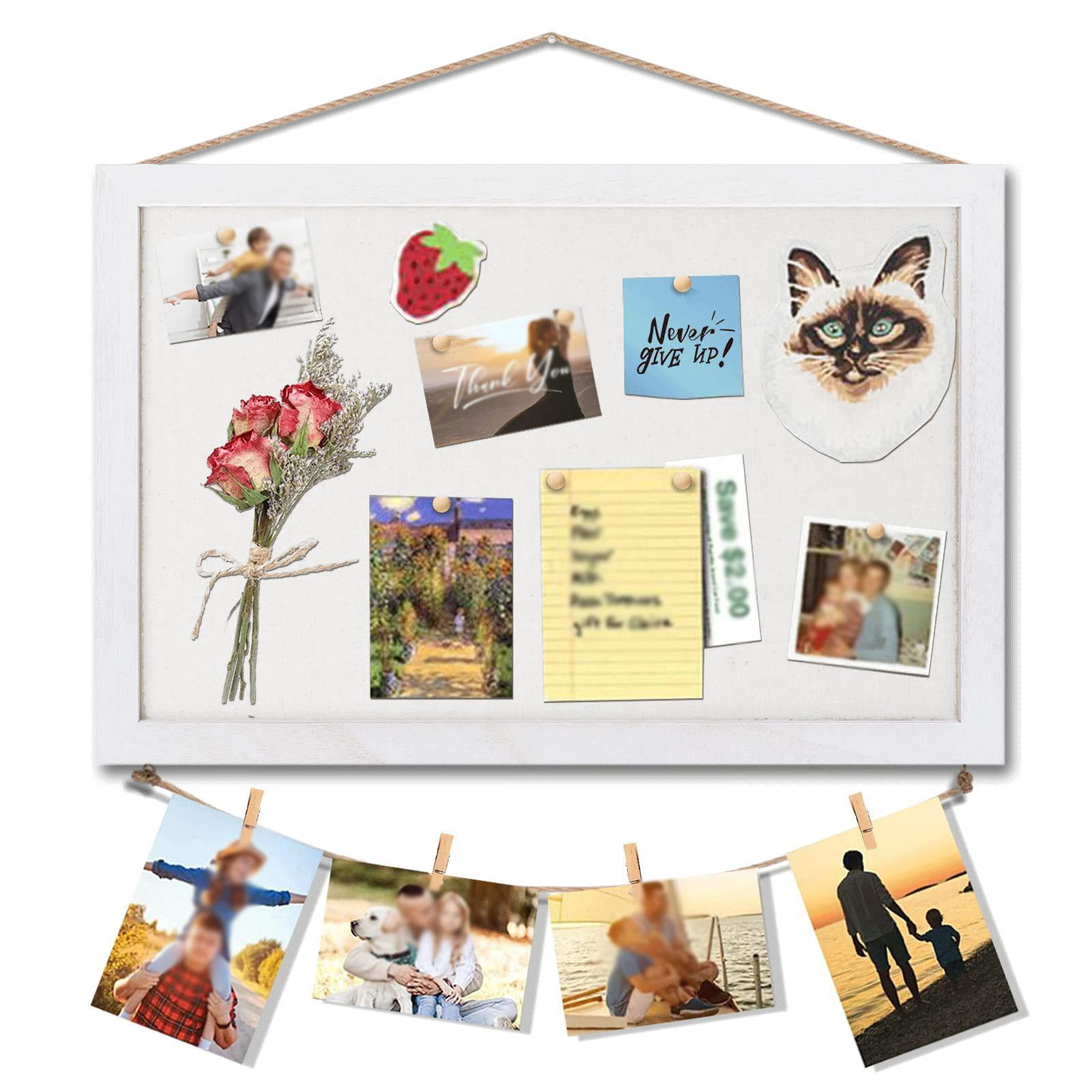 kowaku Cork Board Wall Mounted Board Retro Design Wood Frame Hanger Board Message Board for Living Room Decor Kitchen Bedroom White