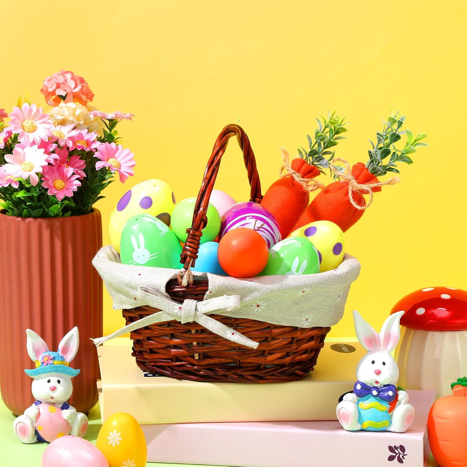 Small Wicker Basket with Handle Empty Rattan Picnic Gift Small Basket with Liner Oval Willow Woven Container for Candy Easter Egg Hunt Game 9 x 7 x 4 Inch(Brown)
