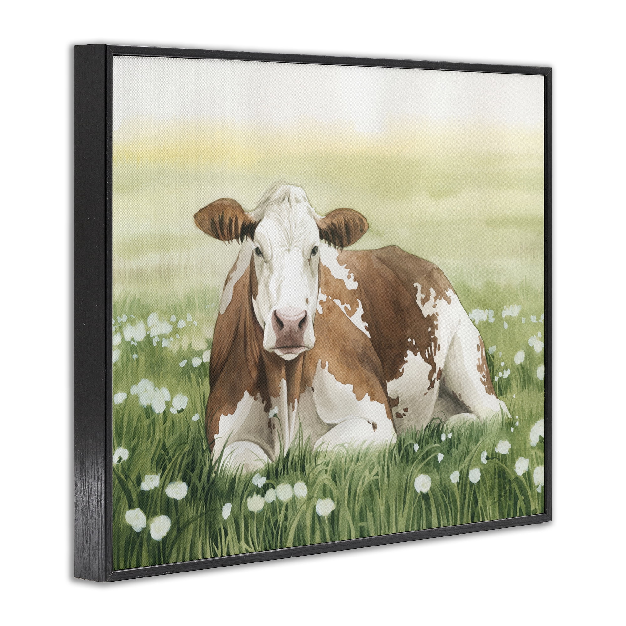 Stupell Industries Cow & Meadow Blossoms Animals & Insects Painting Black Framed Art Print Wall Art, 30 x 24