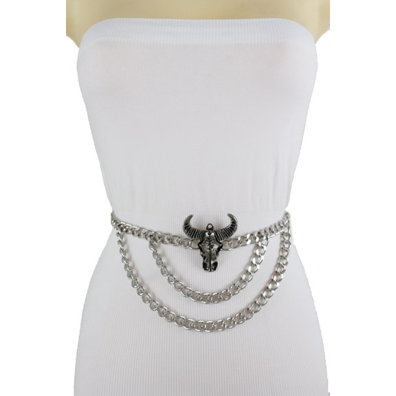 Women Silver Metal Chain Wave Strands Rodeo Belt Bull XL XXL