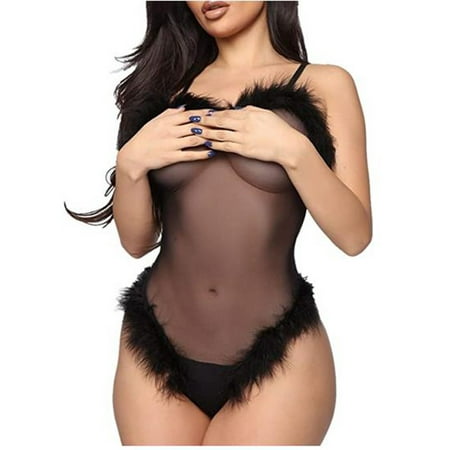 

Xingqing Women Mesh Sheer Lingerie Sleeveless Feathers Patchwork V-Neck Jumpsuit Lady Erotic Underwear