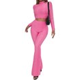 thumbnail image 4 of VISgogo, traje de 2 uds con pantalones para mujer, Tops cortos de cuello alto de manga larga de Color liso, pantalones acampanados largos de tiro alto, ropa de primavera/otoño para mujer VISgogo  moda, 4 of 9