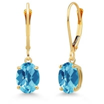 Gem Stone King 14K Yellow Gold Swiss Blue Topaz Earrings for Women | 2.60 Cttw | Gemstone November Birthstone | Oval Checkerboard 8X6MM