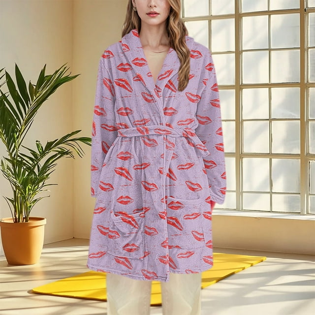 SDNall Womens Flannel Robe, Long Sleeve Open Front Long Bathrobe for Winter Home