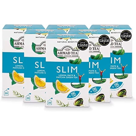 Ahmad Tea Green Tea, Lemon, Mate, & Matcha Slim Natural Benefits Teabags, 20 Ct (Pack Of 6) - Caffeinated & Sugar-Free