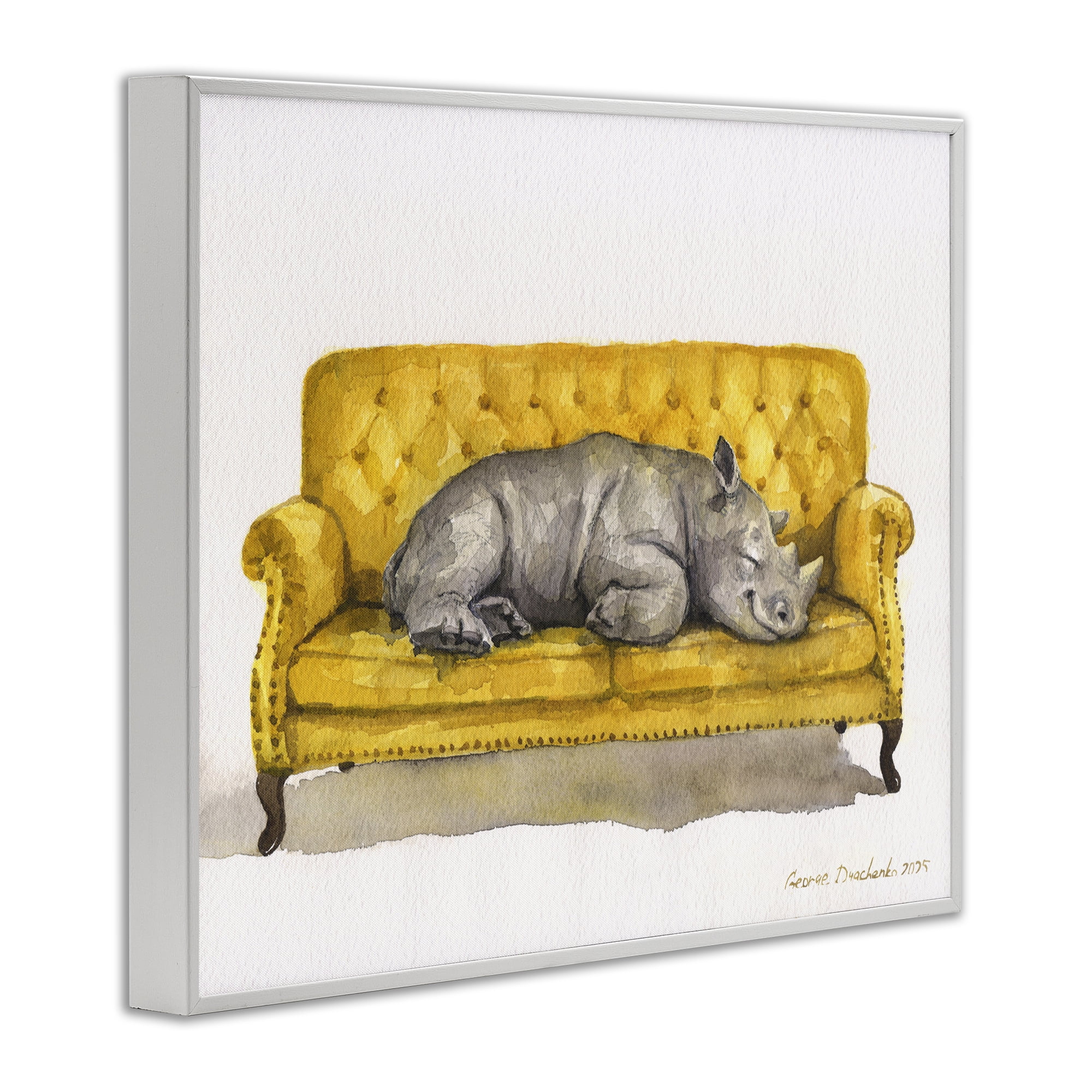 Stupell Industries Cute Rhino Resting White Framed Giclee Art, design by George Dyachenko