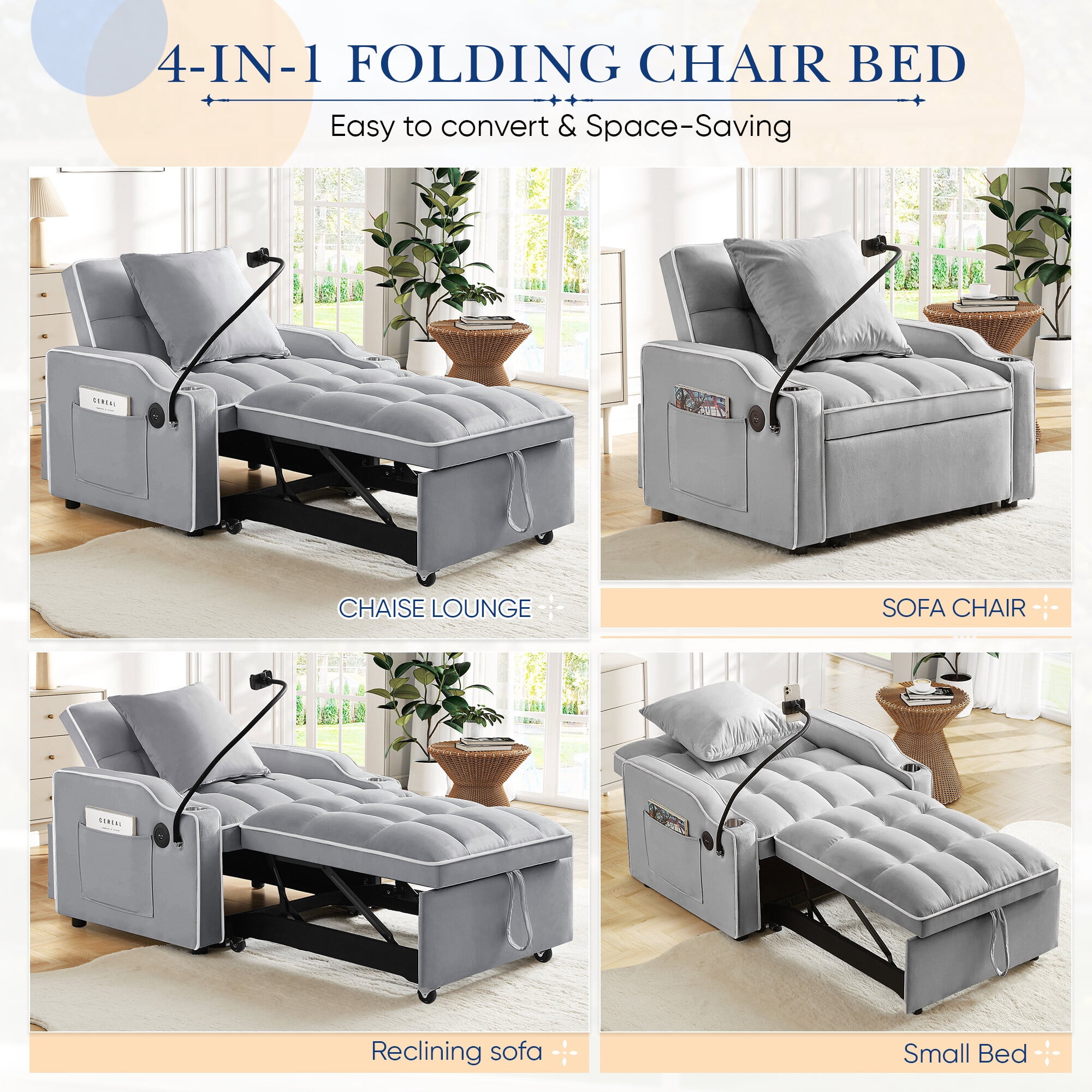 Lunale 4-in-1 Convertible Sleeper Chair Bed with Charge Ports & Phone Stand, Gray Velvet