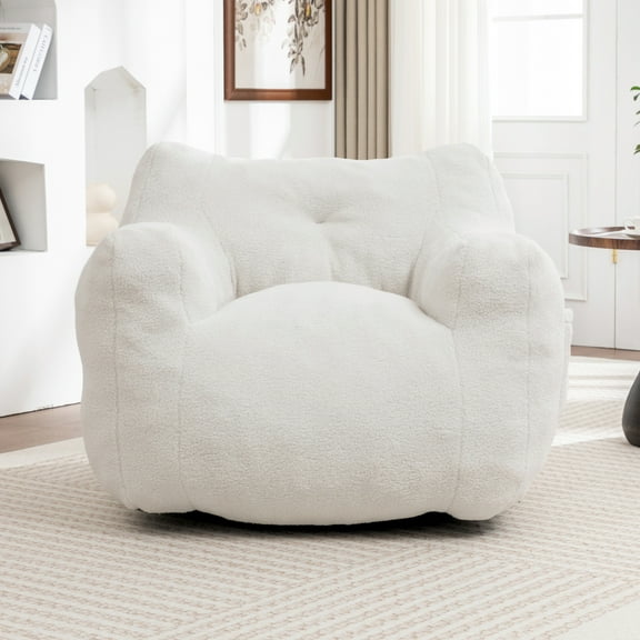 Lisonu Large Bean Bag Sofa Chair with Armrests, Foam Filled Lounger with Washable Teddy Fabric Cover, Comfy Reading Chair for Adults, Living Room & Bedroom, White