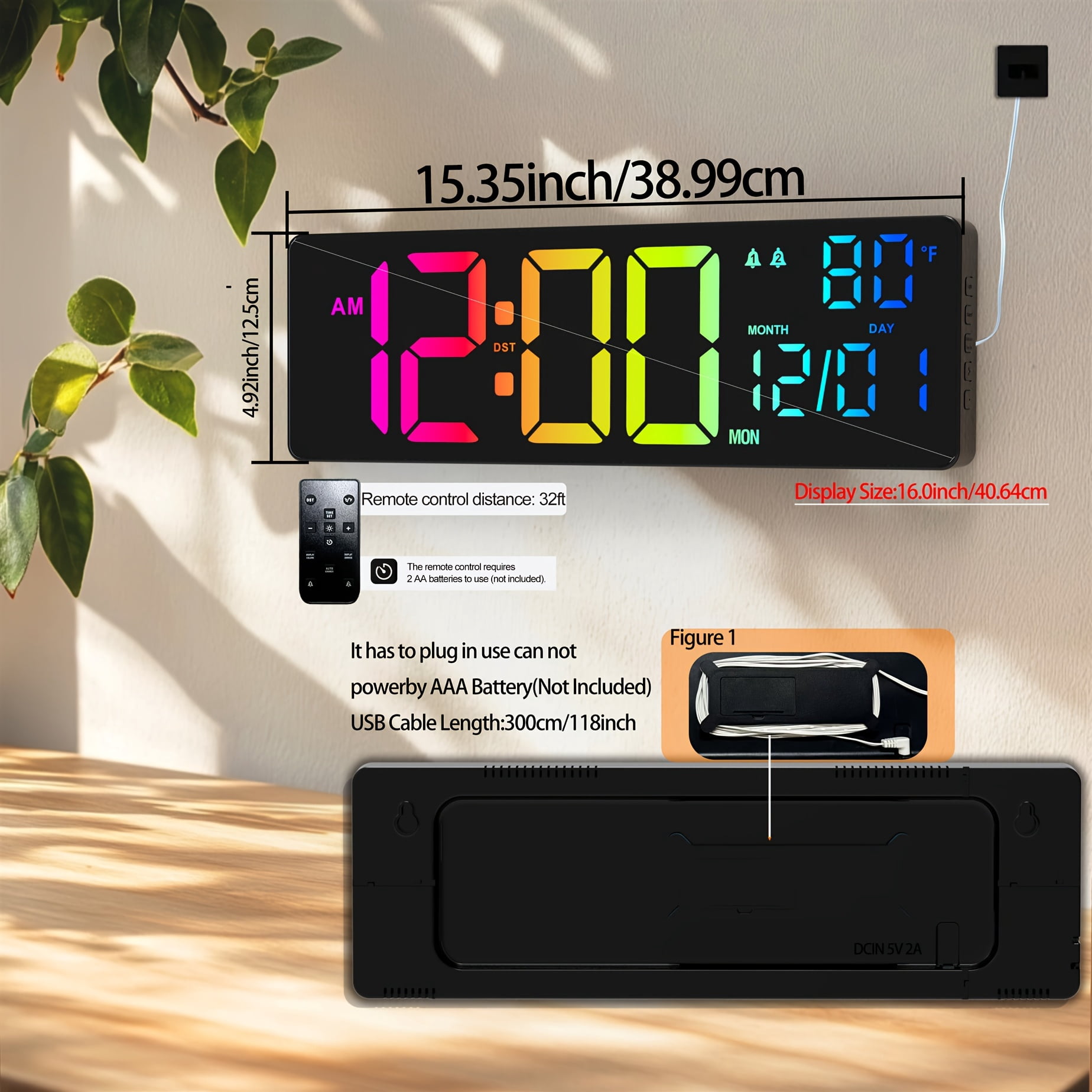 Large Digital Alarm Wall Clock with Remote, Calendar, Temp/Humidity, Timer, 11 RGB Colors for Bedroom, Office, Gift