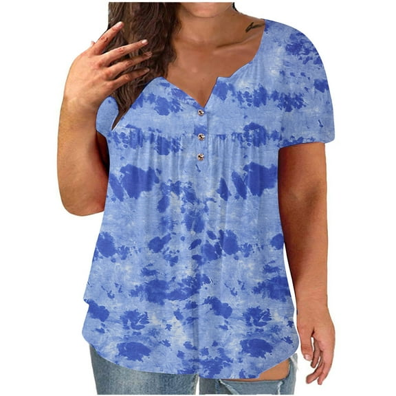 Ichuanyi Womens Tops, Summer Women Plus Size V-neck Tie-dye Print Button Short Sleeve Tops T-Shirt Blouse