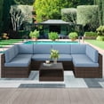 thumbnail image 2 of Outdoor PE Rattan Furniture Set, 7 Piece Patio Wicker Conversation Set with Light Blue Cushions, Sectional Sofa Set with 4 Armless Sofas, 2 Corner Seats and 1 Glass Table, for Poolside, Yard, Deck, 2 of 9