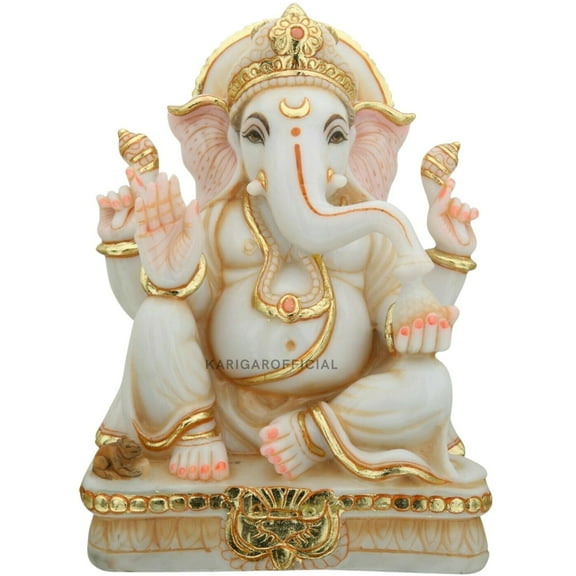 Ganesha Murti Statue 12 inches Golden Leaf Work Ganpati Figurine Marble Ganapati Idol Vinayak Deity Ganesha Statue Marble Large Big White Elephant Head God Home Decor Gift Sculpture Home First Ganesha