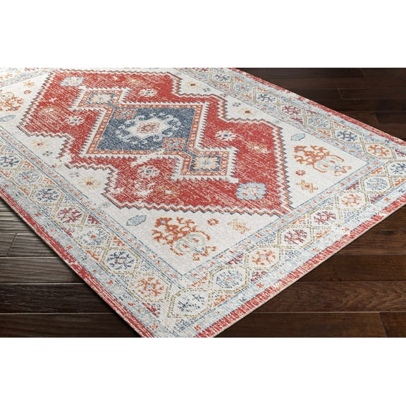 Hauteloom Penhold Living Room, Bedroom Patio Outdoor Area Rug - Bohemian, Transitional - Red, Navy, Denim - 5'3" x 7'