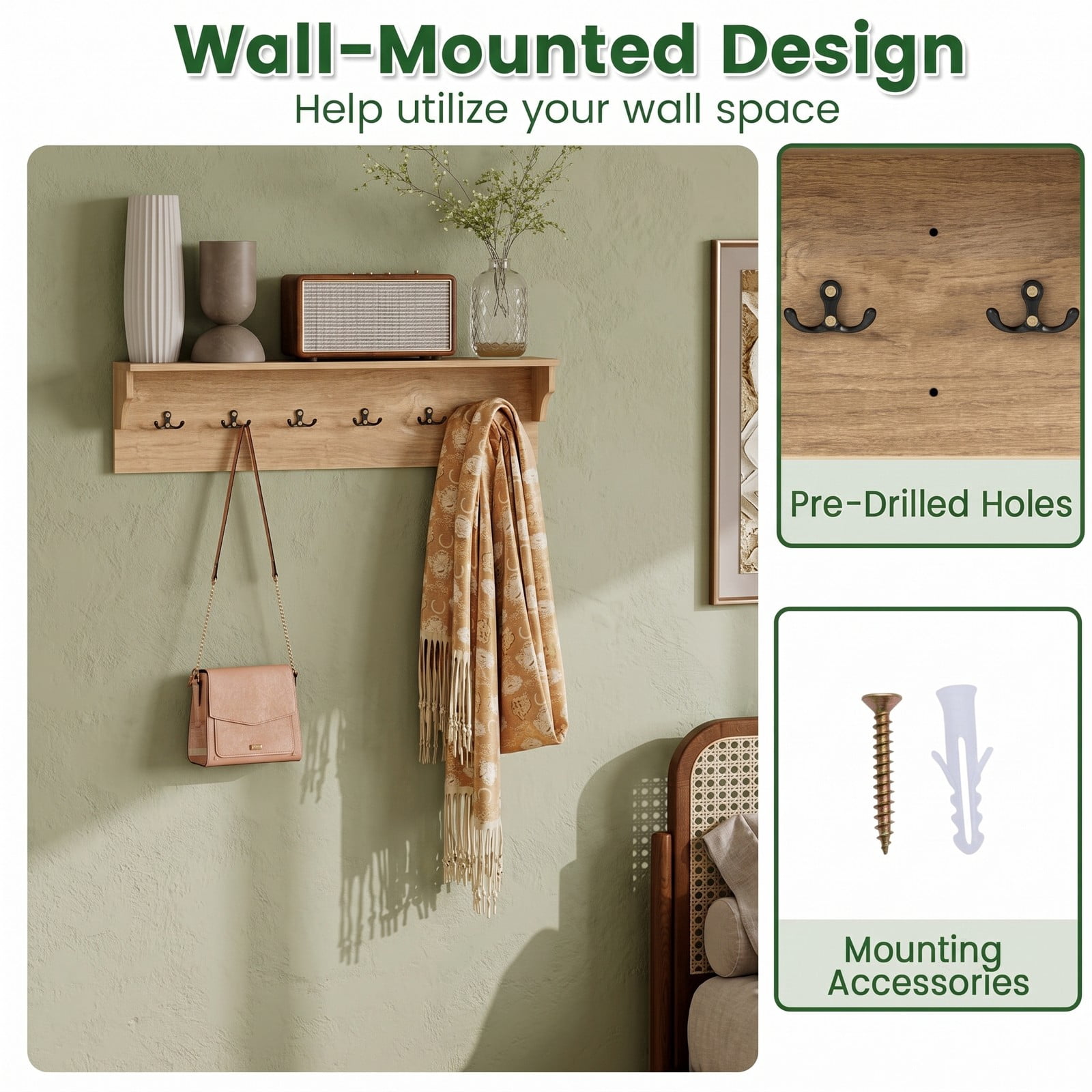 Furnibear Wall Mounted 31.5 inch Wooden Coat and Hat Rack with Top Shelf and 6 Hooks for Hats Towels Purses and Robes, Natural