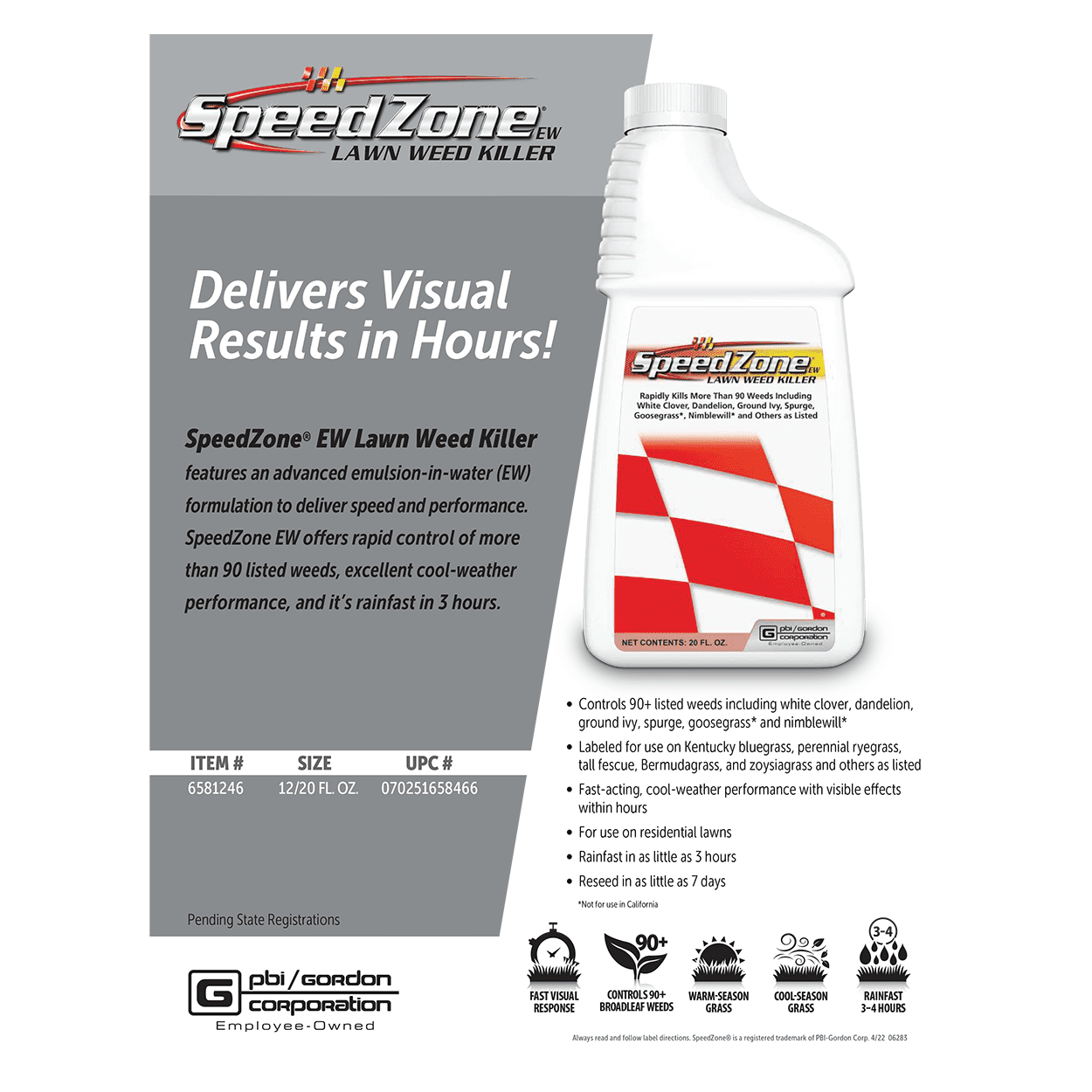 SpeedZone EW Lawn Weed Killer - Rainfast in 3 Hours, Re-Seed in 7 Days - 20 fl oz Bottle by PBI Gordon