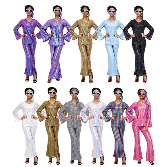 70s Disco Two Piece Costume, 70s Disco Metallic Shiny Two Piece Outfit, Bell Sleeve V Neck Top & Flare Pants for Halloween Retro Party Cosplay, Multi Color Glossy Costume Set, Beige L