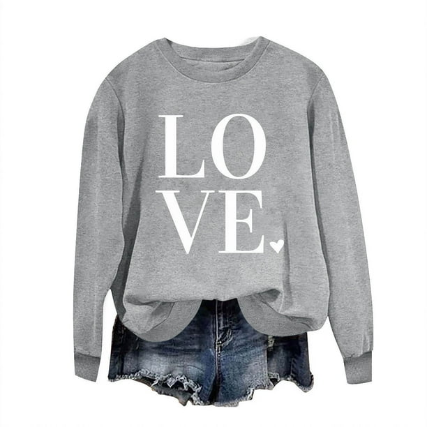 Penkiiy Camisetas Día de San Valentín Las mujeres aman Corazón Rojo Sudadera gráfica de manga larga Cuello Crew Valentines Tops S Gris