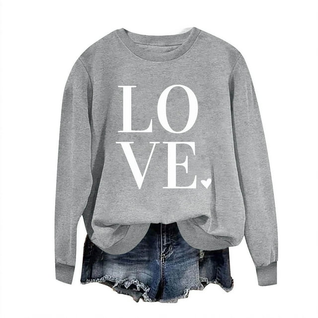 Penkiiy T-Shirts de la Saint-Valentin pour Femmes, Chandail en Molleton Graphique Cœur Rouge, Manches Longues, Col Rond, Hauts L Gris