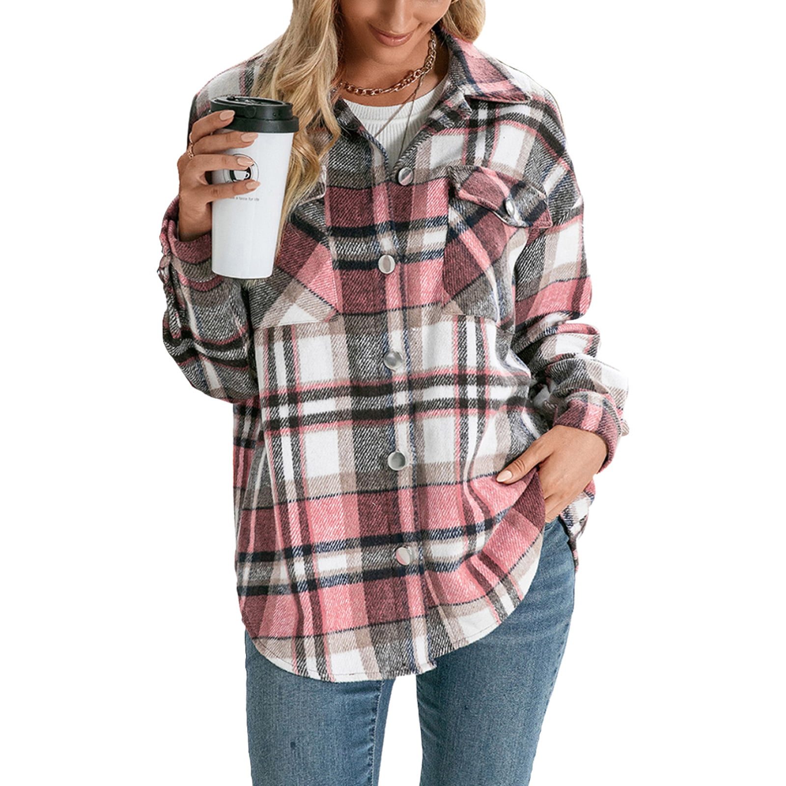 Womens Plaid Jacket Long Sleeve Lapel Button-Down Shirts Wool Blend Shacket Coat Casual Tops Outwear with Pocket 