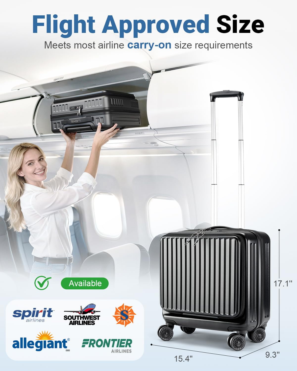 Leke Carry On Luggage 22x14x9 Airline Approved, 20 Inch Hard Shell Suitcase with TSA Lock, Front Pocket & Spinner Wheels for Business Travel, Black